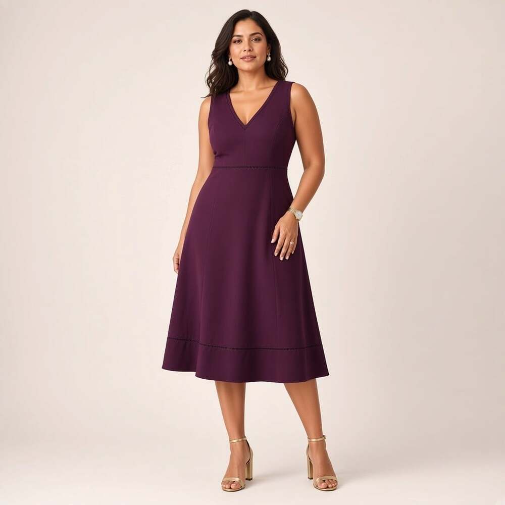 Ann Taylor Sleeveless Midi Dress Women's 12 Plum V-Neck A-Line Wedding Guest NWT
